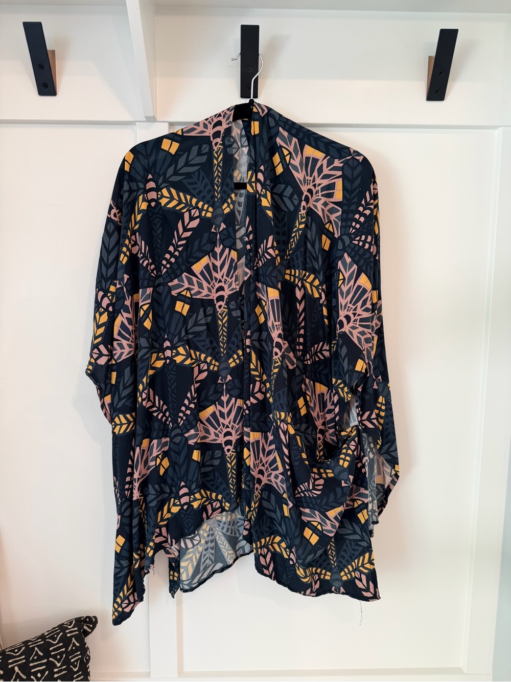 Sseko Navy Multiway Shawl with Pink & Mustard Dragonfly Pattern